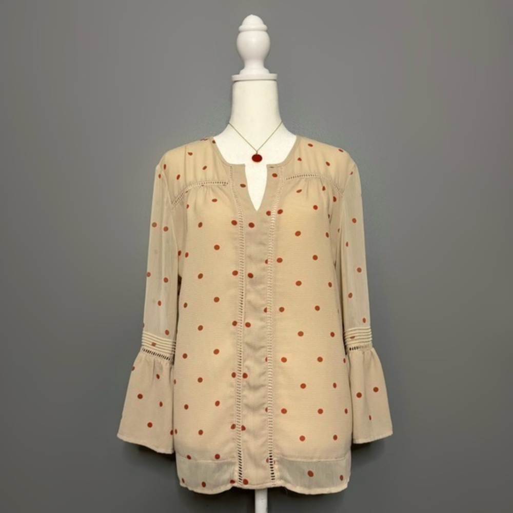 EUC Fever Tan & Red Polka Dot Bell Sleeve Blouse Size L